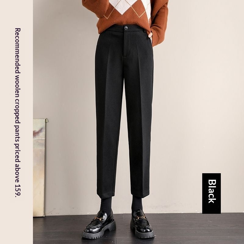 Women's Black Wool Pants With Fleece Lining For Autumn And Winter, Thick And Casual