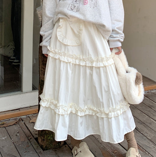 Sweet Elastic High Waist Slimming Wooden Ear Cake Dress Autumn Ruffled Skirt