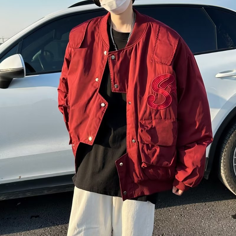 Wine Red Irregular Overalls Men's Spring And Autumn High-grade Pilot Jacket Short Baseball Uniform