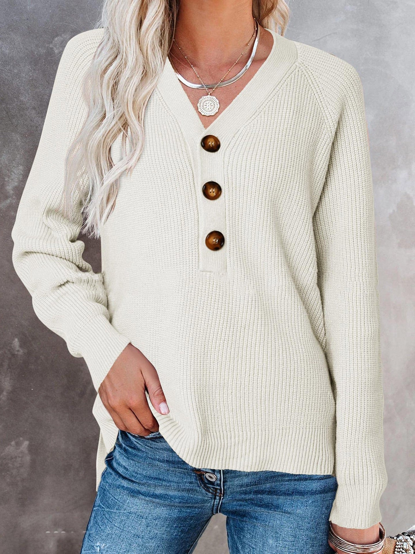 Ny knap Ny strikket V-hals-sweater til damer