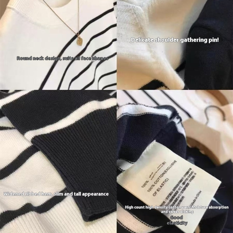 Women's Striped Knitted Short Sleeve Round Neck