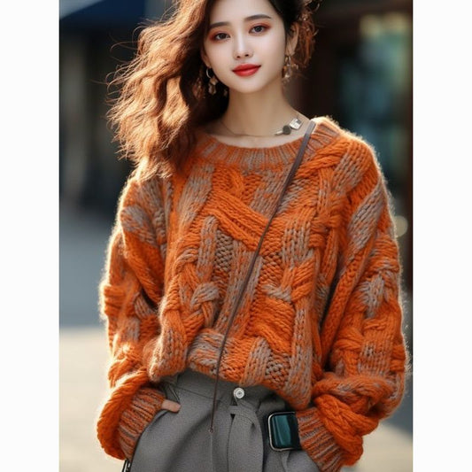 Orange Classic Style Thick Thread Sweater Coat For Women