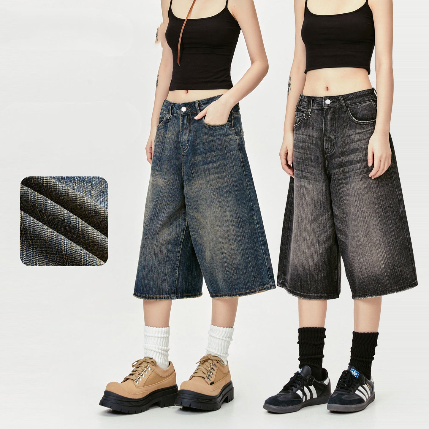 Wide Leg Cropped Jeans Summer Retro Washed Distressed Straight