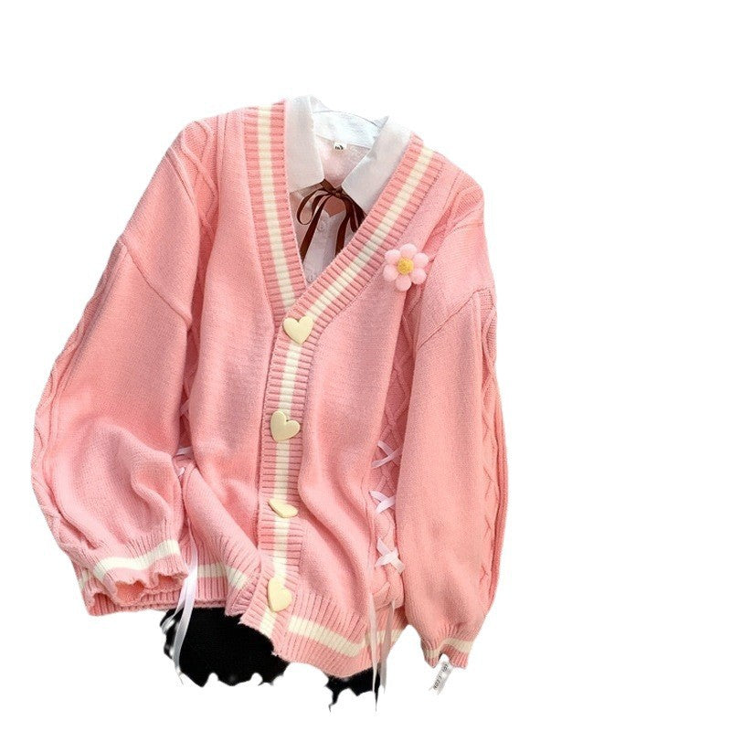 Japanese Sweet Heart Buckle Temperament Youthful-looking Sweater
