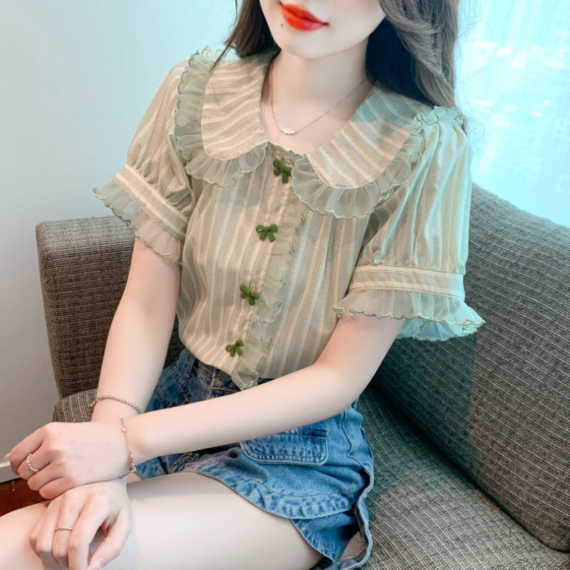 Doll Collar Bell Sleeve Lace Shirt Chiffon Shirt Top