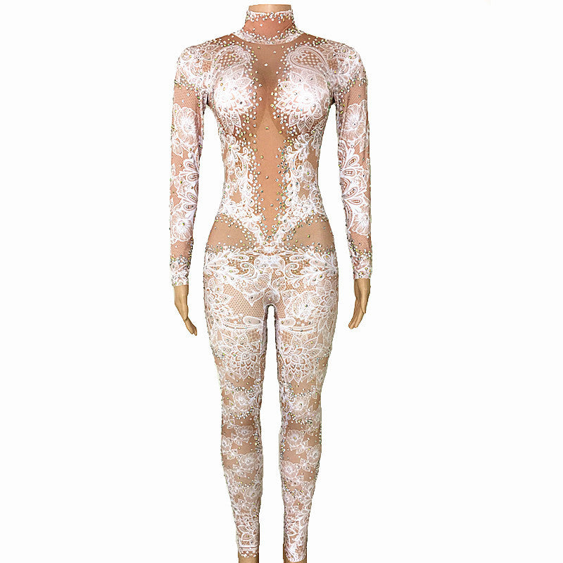 Women's Fashion Print Full Diamond Long-sleeved Jumpsuit