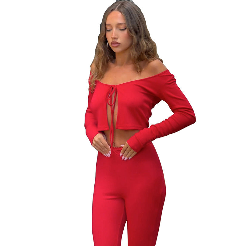 Womens Sexy Solid-Color Bandage Long-Sleeve Cropped Pants Set