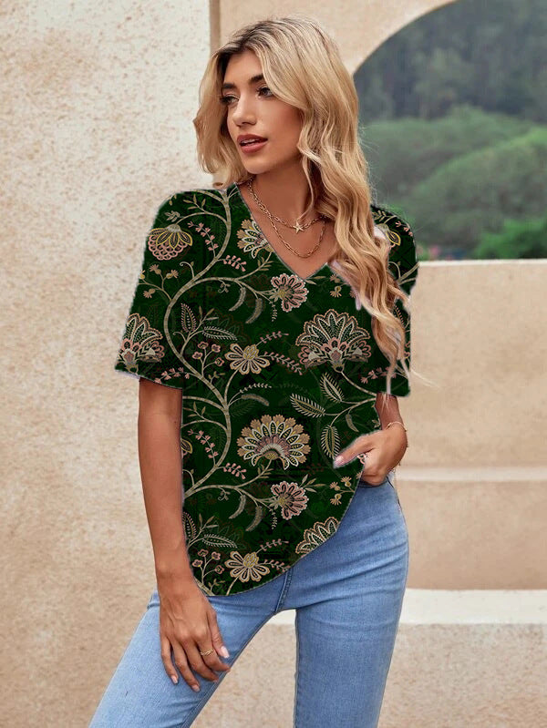 Printed Short Sleeve Urban Loose Casual Women's V Neck T Shirt