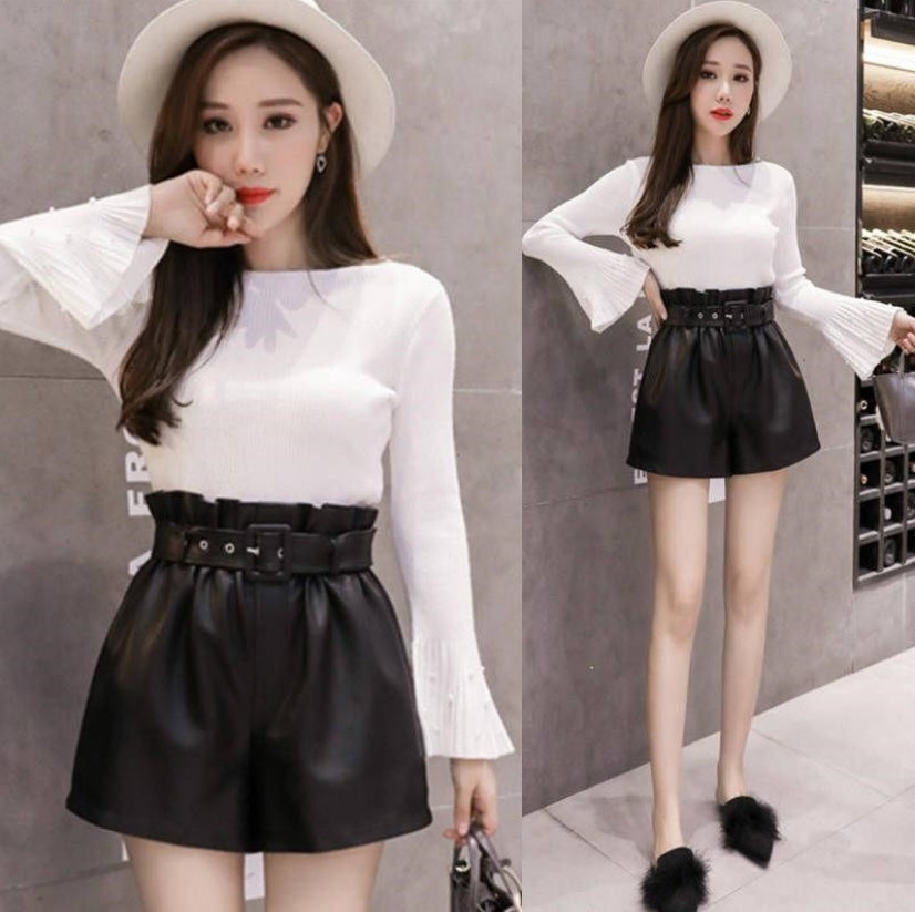 Pu female autumn and winter elastic waist high waist leather shorts