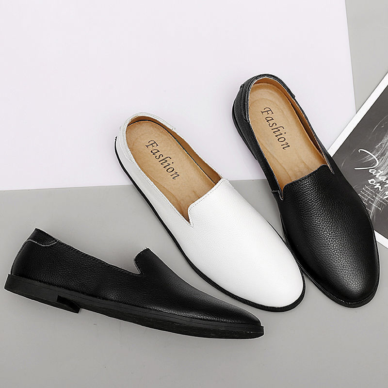 Fashion British Trend Lazy Soft Sole White Casual Leather Shoes