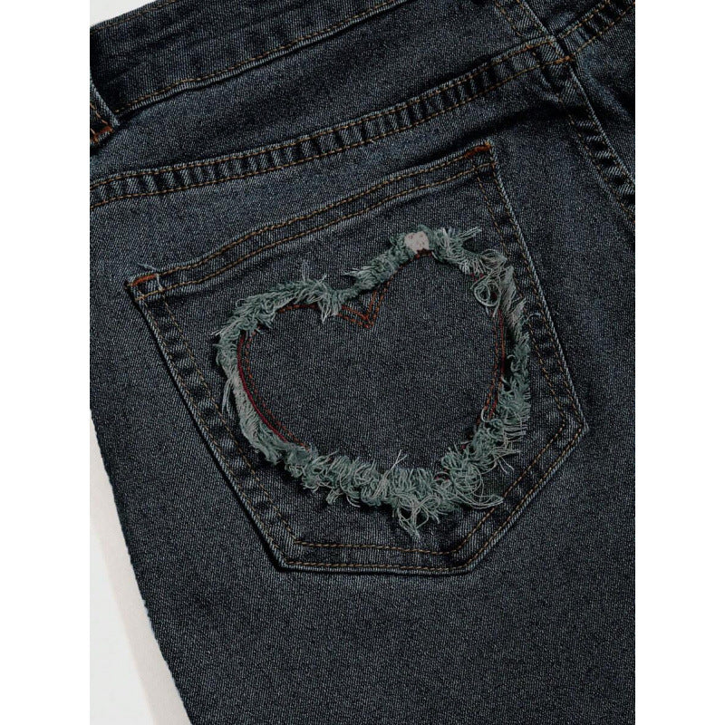 Punk-style Vintage Metal Heart-shaped Belt Frayed-edge Jeans
