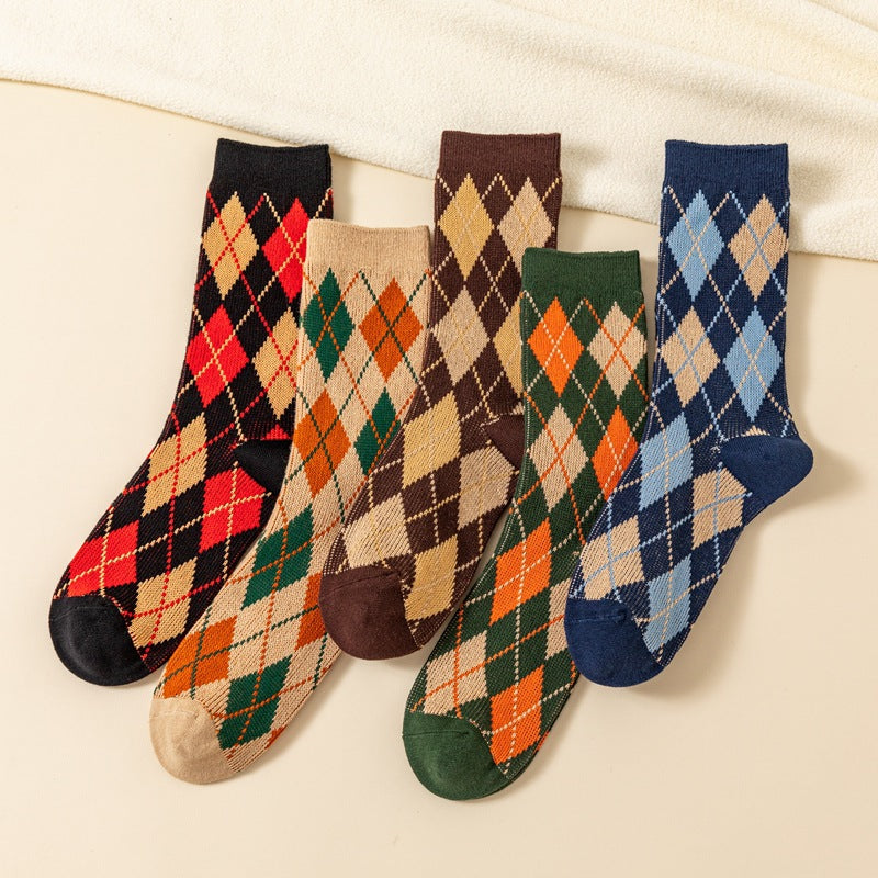 Trendy Retro Double Needle Diamond Plaid Socks