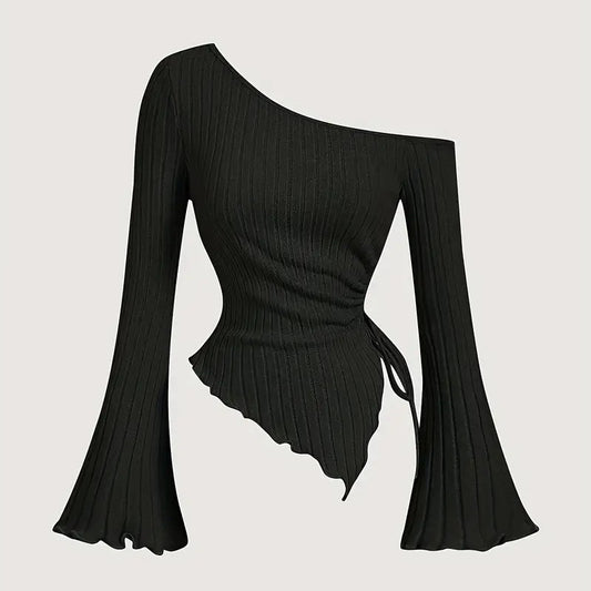 Design Sense Off-neck Long Sleeve Slim-fitting Simple Rope T-shirt