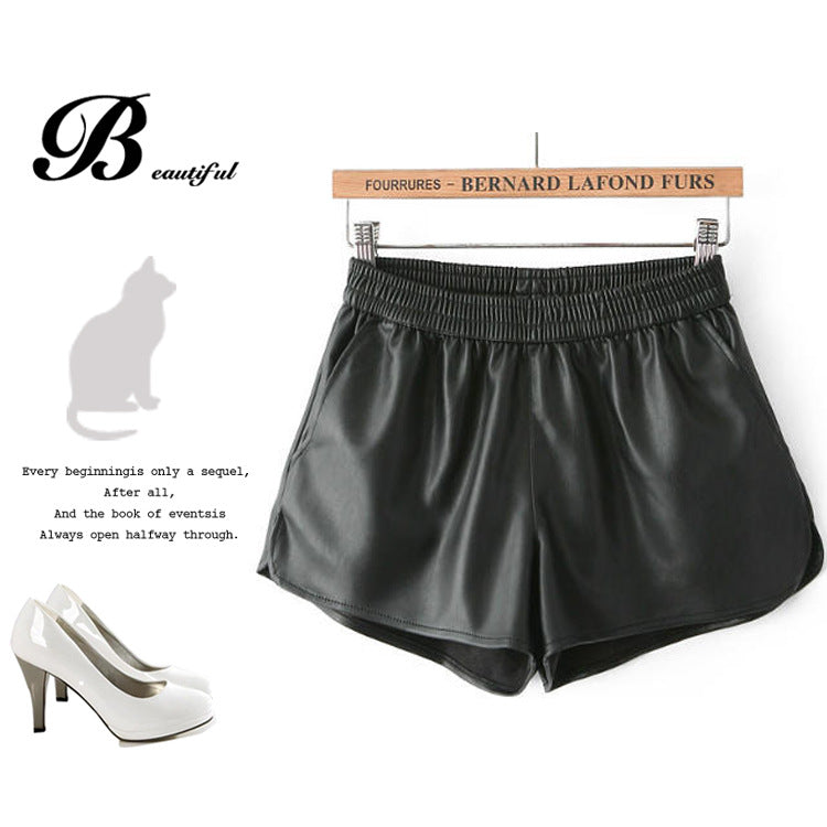 Women's PU Leather Elastic Waist Leather Casual Shorts
