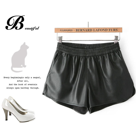 Women's PU Leather Elastic Waist Leather Casual Shorts