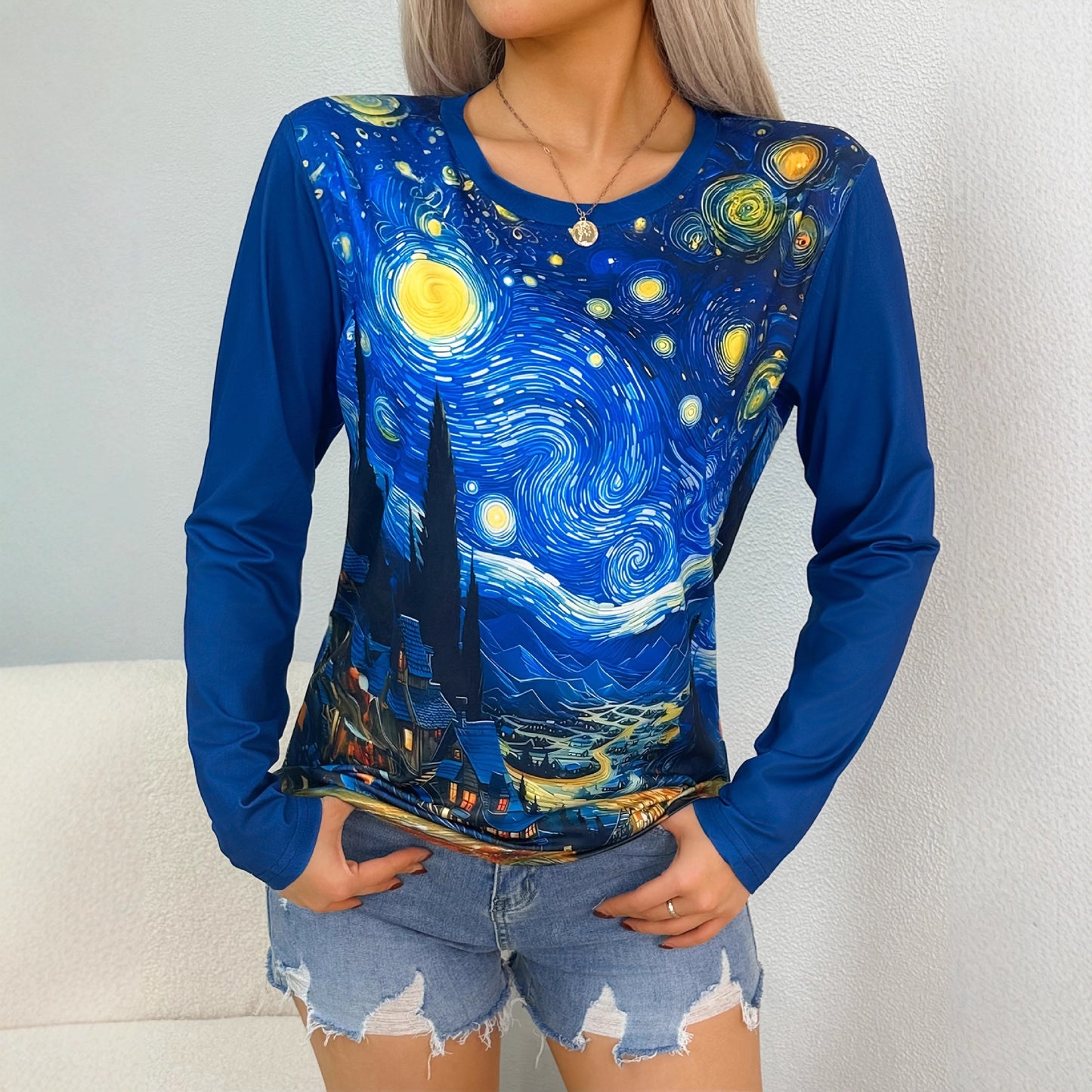 Womens Casual Versatile Loose Fitting Long Sleeve Crew Neck Top With A Starry Sky Design