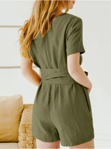 Bomuld Hør Ensfarvet Rund Hals Korte Ærmer Lomme Snøre Taljestyret Casual Jumpsuit Bælte