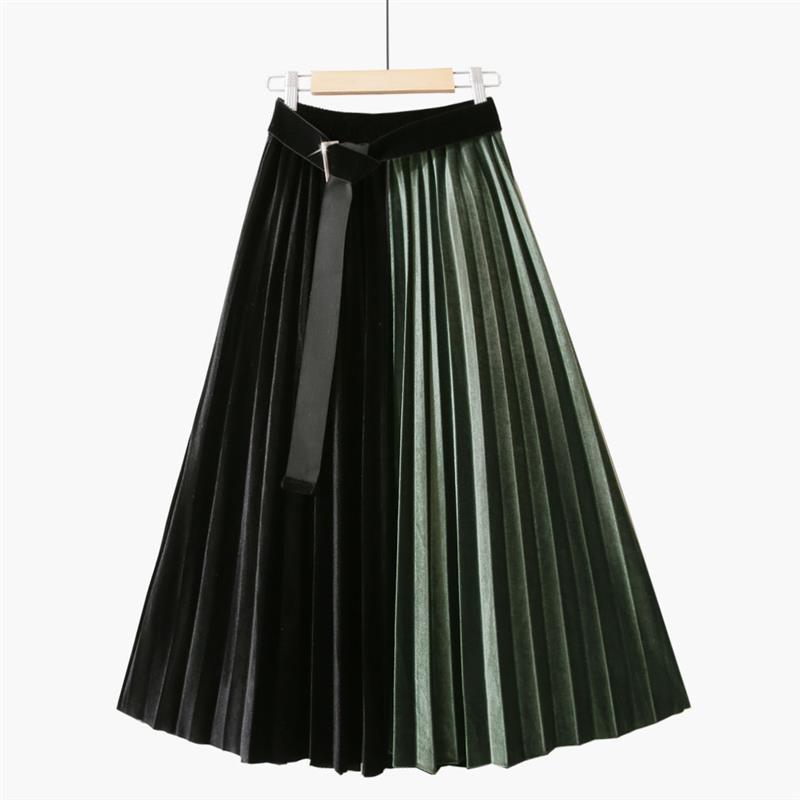 Height Belt Pleuche Patchwork Contrast Color Retro Slimming Skirt