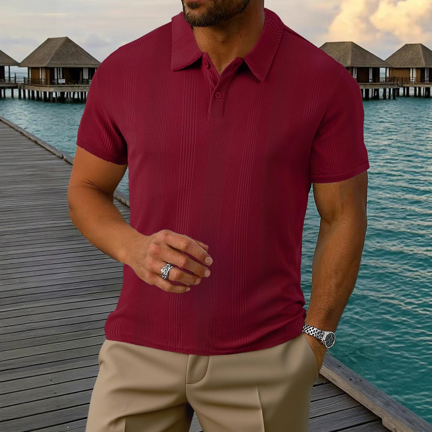 Kortærmet t-shirt med revers og struktur til mænd