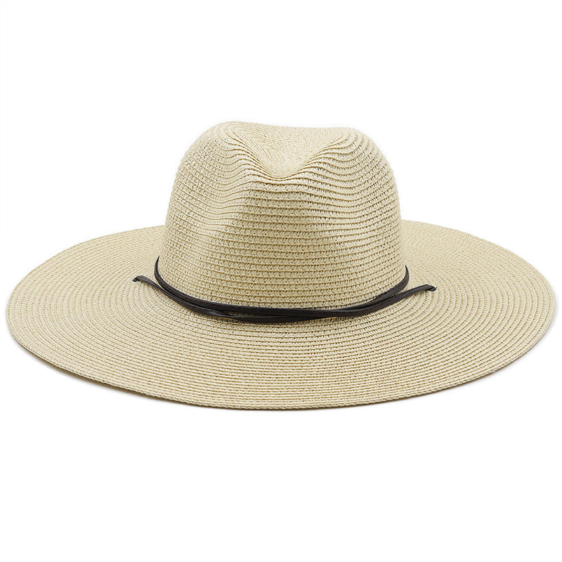 Paper Woven Panama Straw Hat Windproof Rope Flat Big Brim Sunscreen Beach
