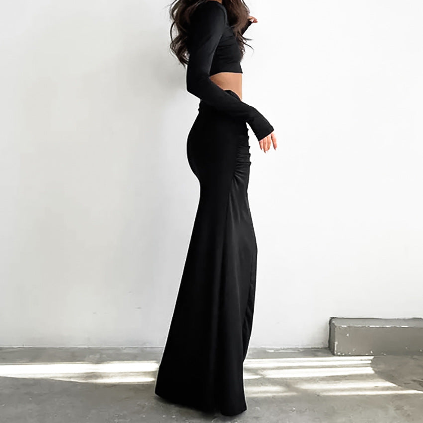 French Fishtail Skirt Black Pleated Sheath Dress Design Sense