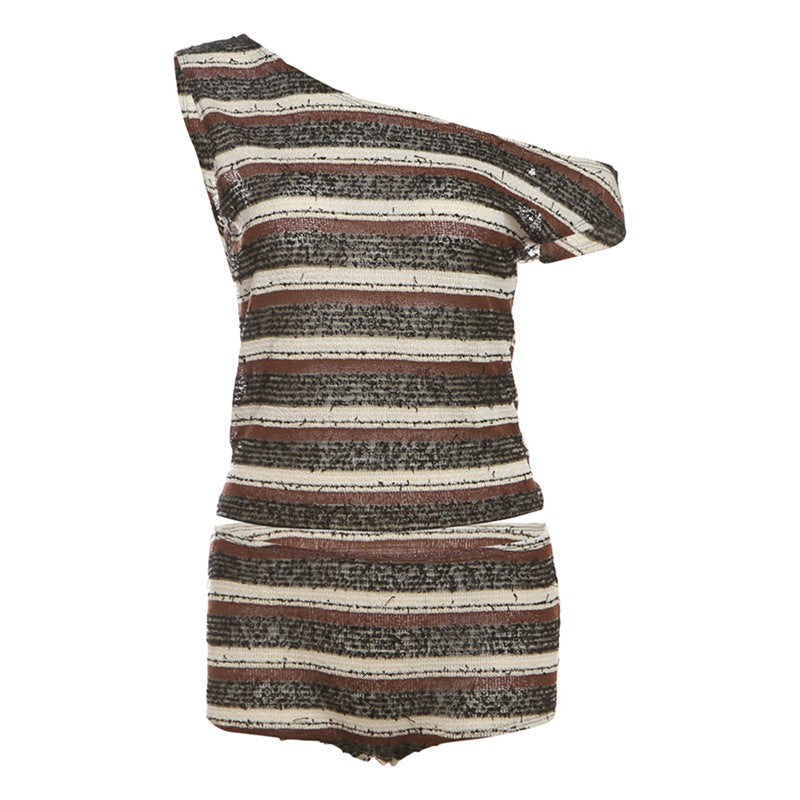 Womens Striped Off-Shoulder Top And Slimming Hip-Lifting Shorts Set