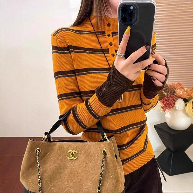 Striped Color-blocking Korean-style Long-sleeve High-end Women's Top