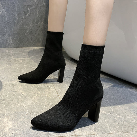 Short Tube Stretch Yarn Pointed High Heels