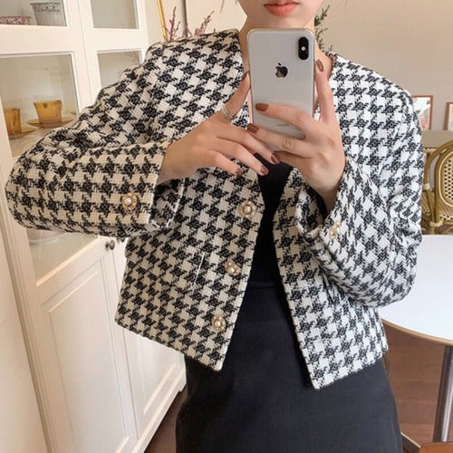 Outer Tower Green Houndstooth Pearl Button Small Fragrant Wind Short Jacket