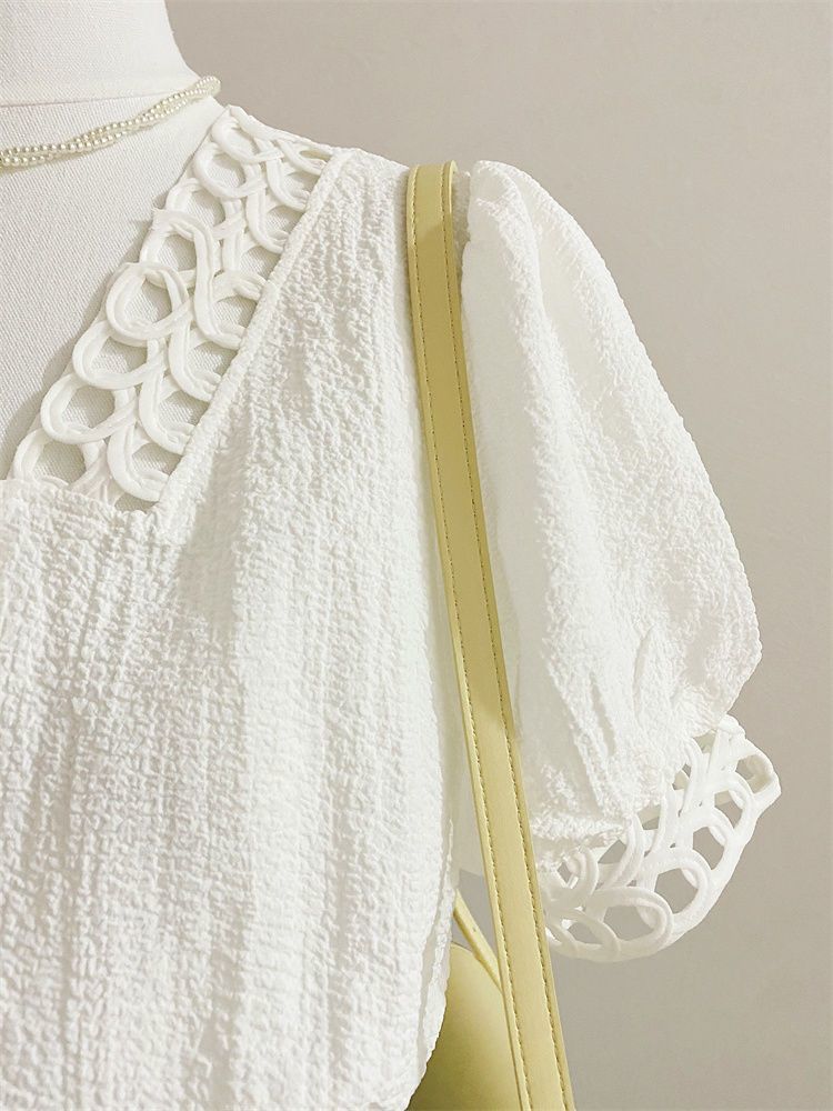 Design Sense Niche Lace Sweet Chic French Puff Sleeve Top