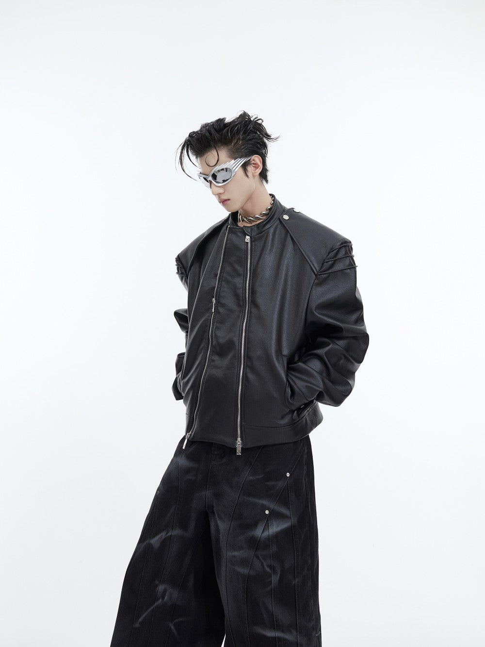Double Zipper Split Design PU Leather Jacket Coat