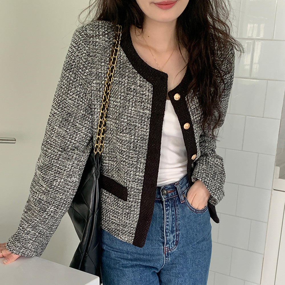 Vintage Round Neck Contrast Bonded Metal Single Breasted Coat