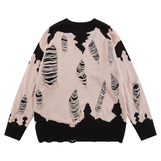 Worn Color-block Crew Neck Sweater Men's Waste Soil Style Letter