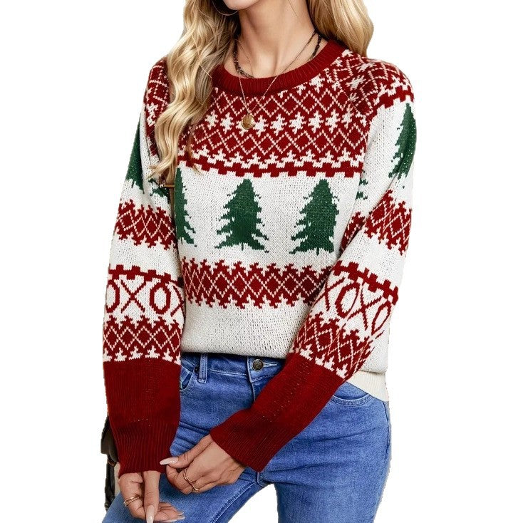 Christmas Tree With Rhombus Round Neck Long Sleeve Knitted Sweater