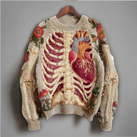 Womens 3D Digital Print Crew-Neck Loose Sweater