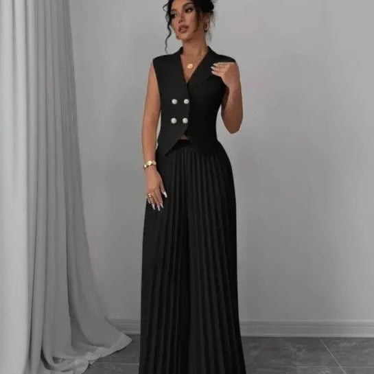 Vest And Pleated Skirt Pants Set For Women