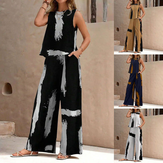 Womens Round-Neck Striped Printed Topless Top And Pants Two-Piece Set
