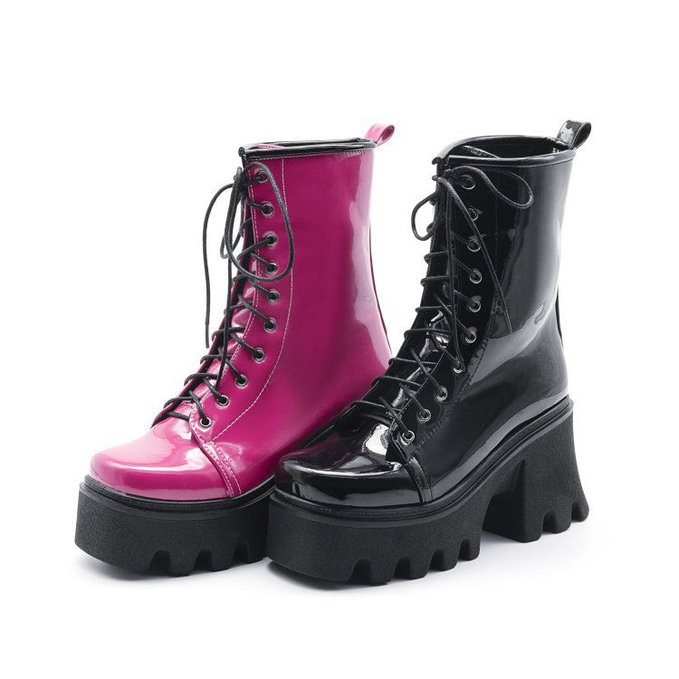 European And American Style Patent Leather Square Toe Lace-up Shoes
