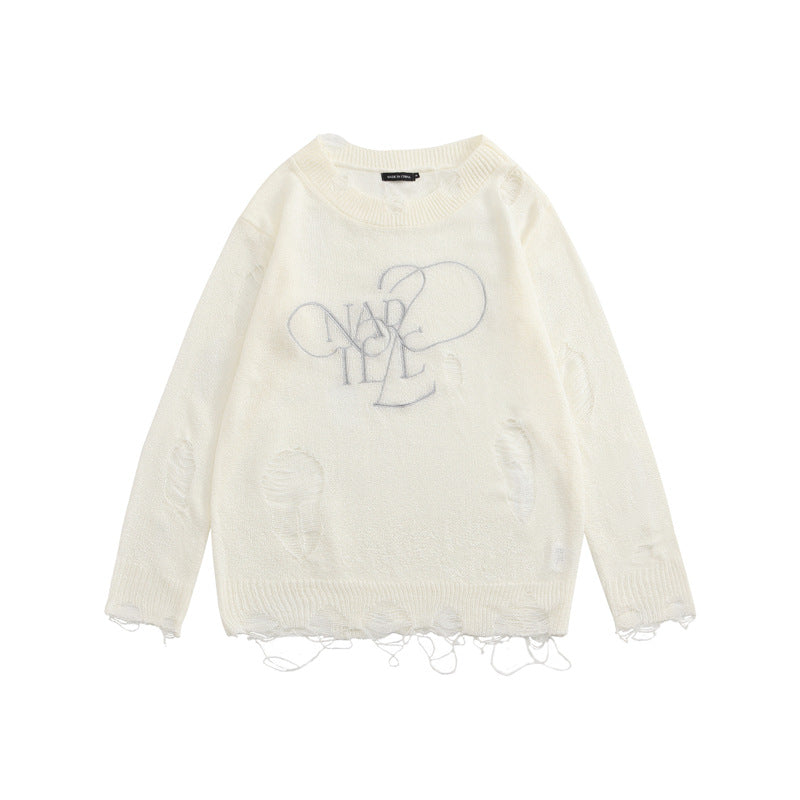 Loose Round Neck Thin Ripped Long Sleeves Shirt