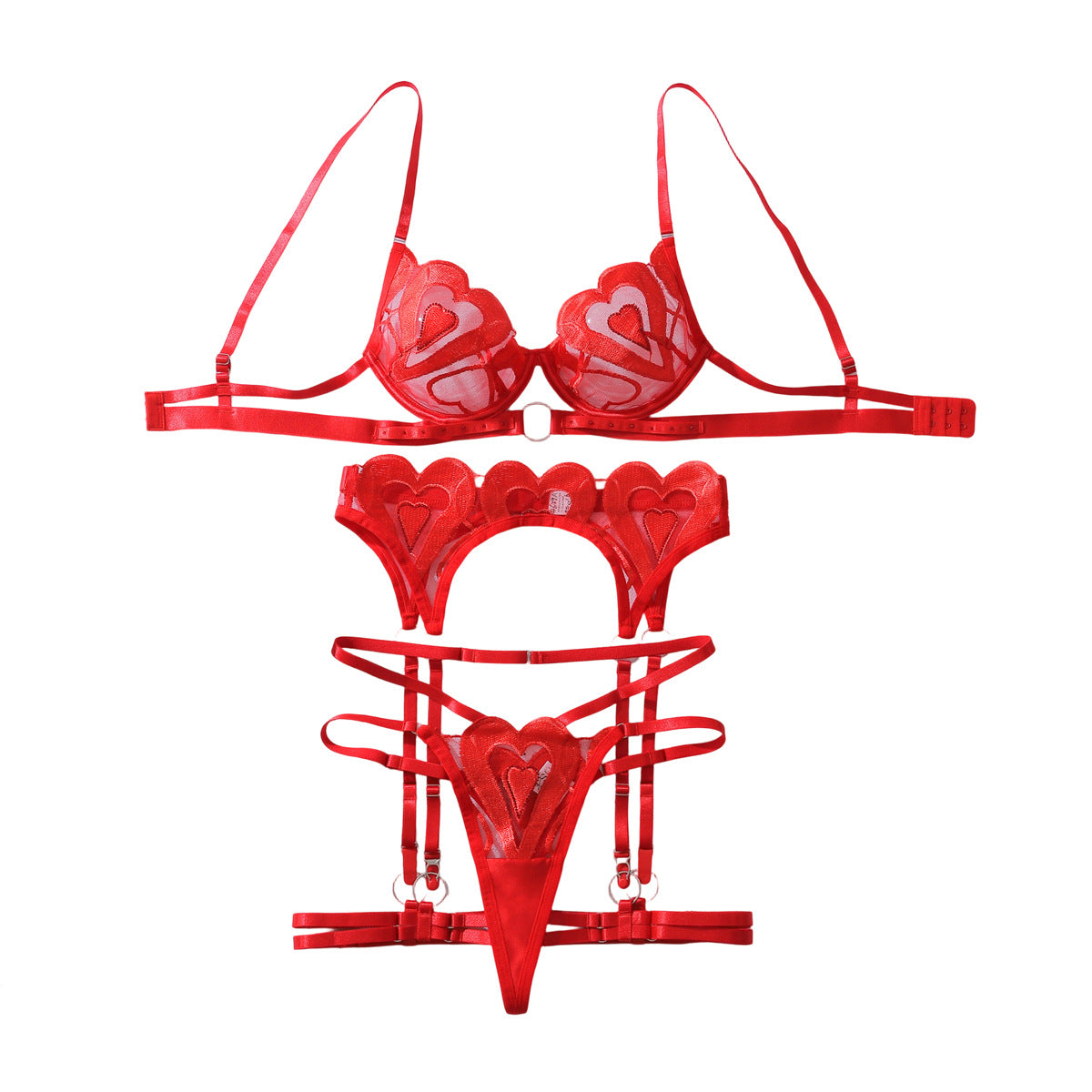 Sheer Heart Embroidery Push-Up Shaping Sexy Underwear 4-Piece Set