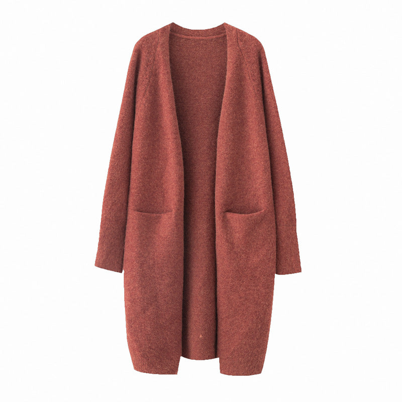 Mid-length Sweater Women's Solid Color V-neck Knitted Jacket