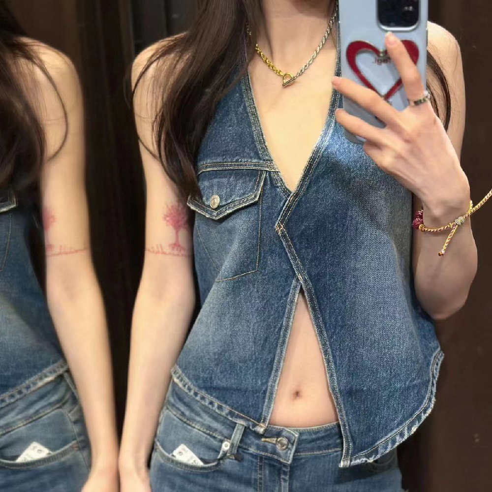 Denimtop med krave og midtwaist til kvinder