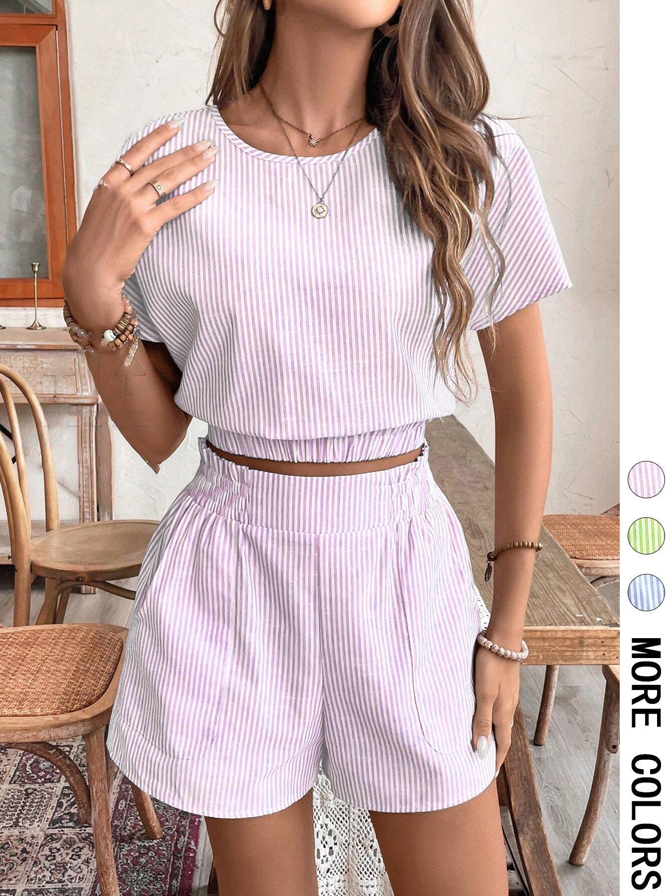 Summer Stripes Printed Batwing Sleeve Short Top And Shorts