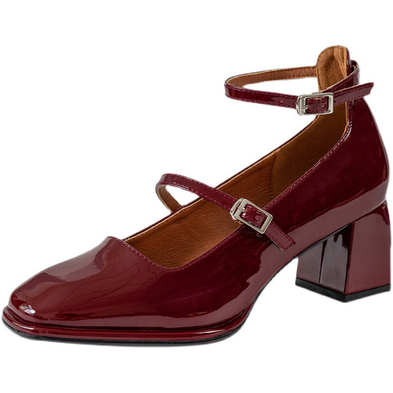 Vintage Thick Heeled Patent Leather Single Shoes