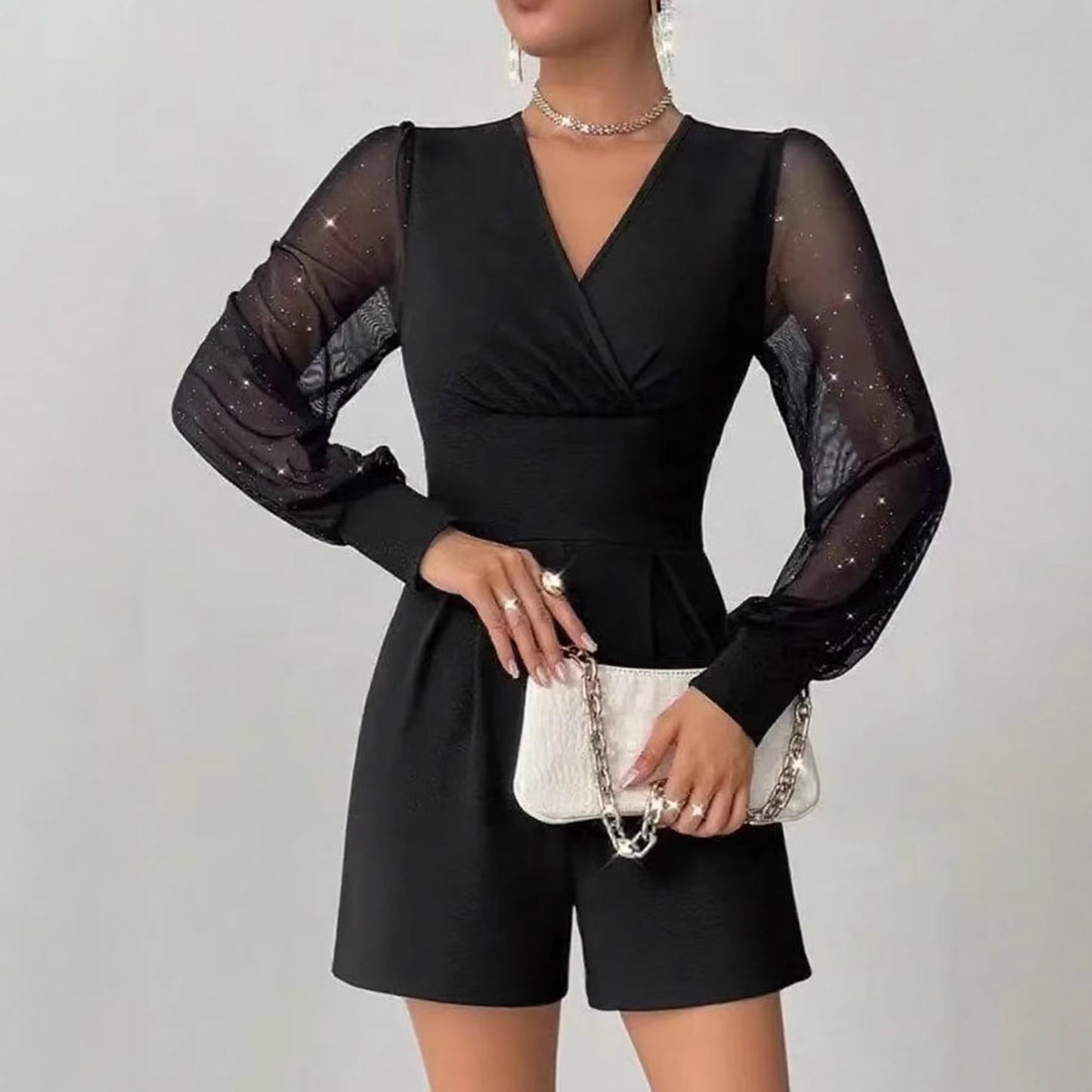 Mesh-panel Straight-cut Shorts Jumpsuit
