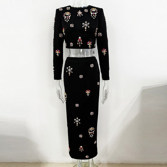 Fashion New Heavy Industry Beads Diamond Inlaid Short Top Long Skirt Suit Two-piece Set