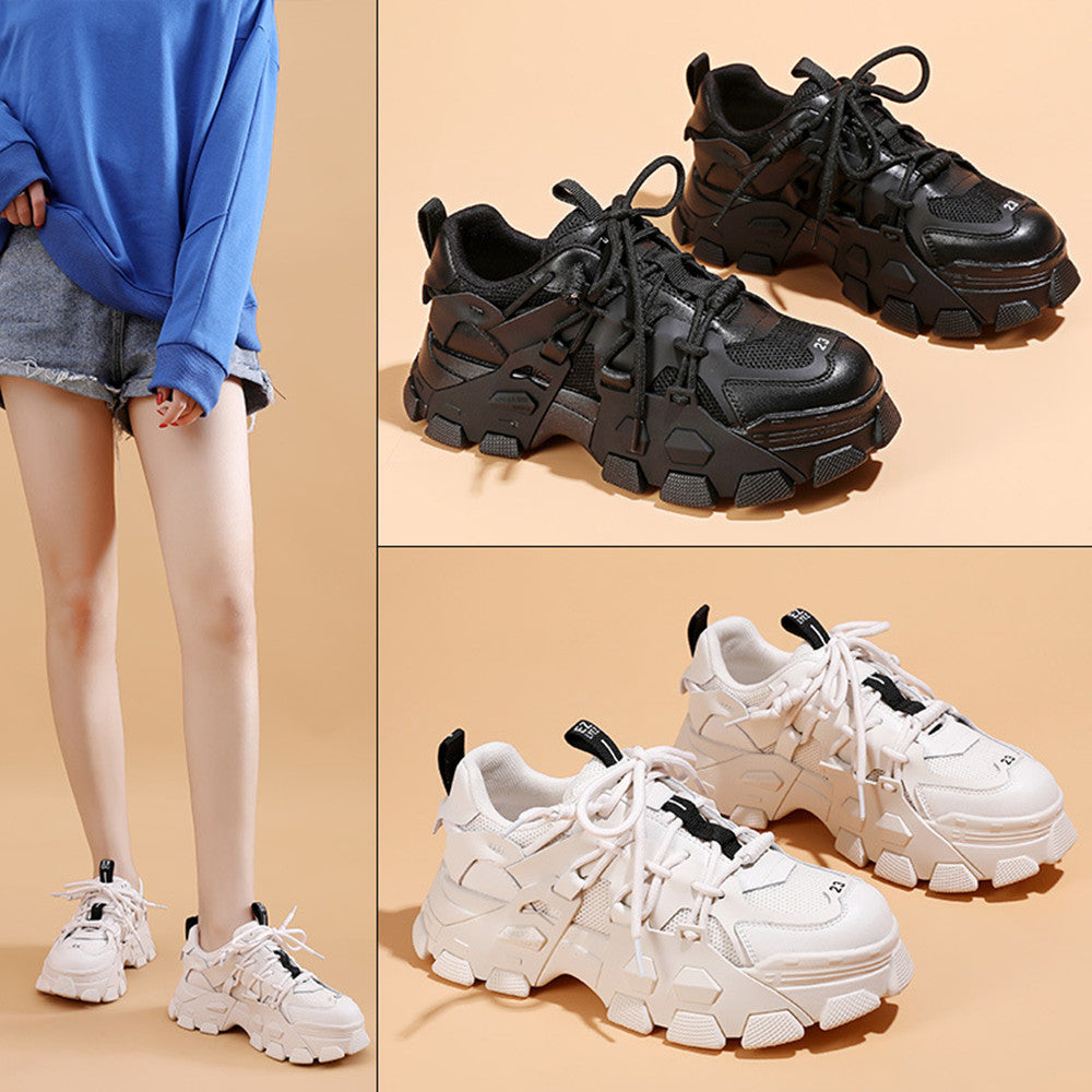 Colorblock Dad Shoes Women's Leather Thick Sole Mesh