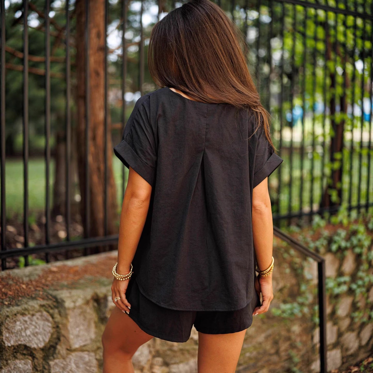 Solid-color Crew-neck Short-sleeve Shorts Two-piece Set
