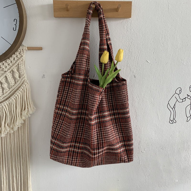 Woolen Plaid Tote Bag Class School Large Capacity Shoulder