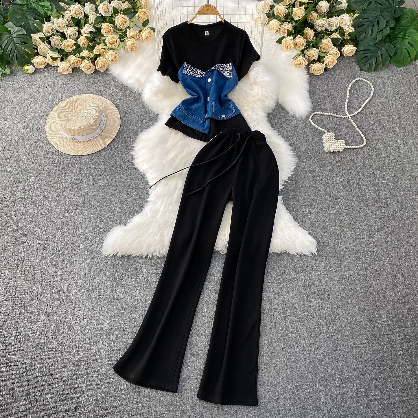 Fashionable Patchwork Denim Short-Sleeve Top And Wide-Leg Pants Two-Piece Set